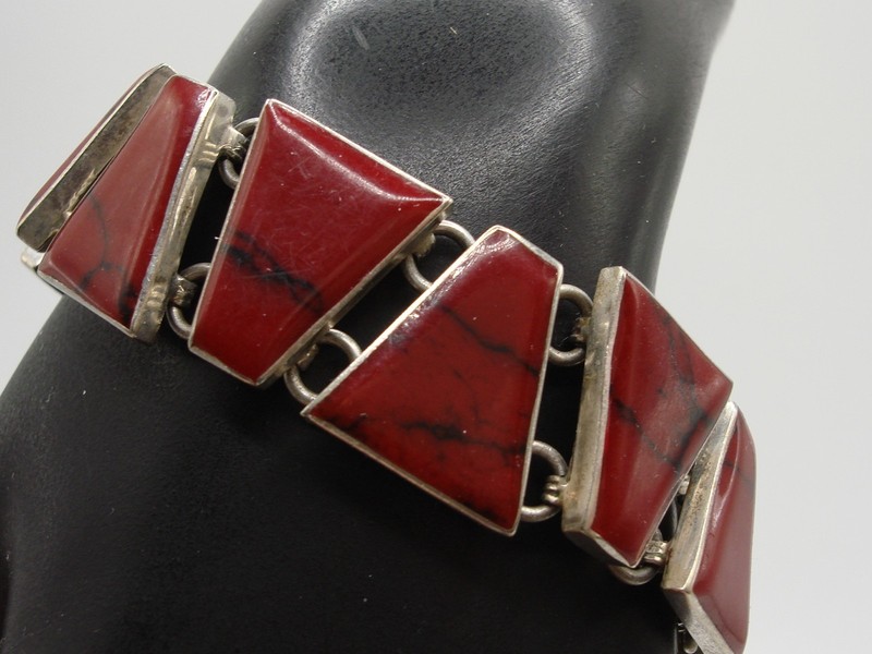 Vintage Sterling Silver & Red Jasper Bracelet - 7" Estate Find