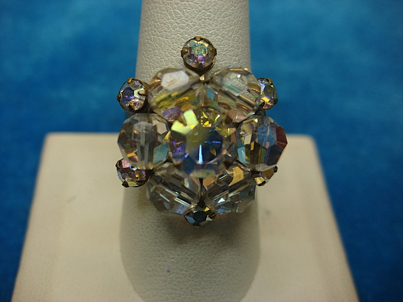 Vintage Aurora Borealis Silver Tone Ring (Adjustable, Size 10)