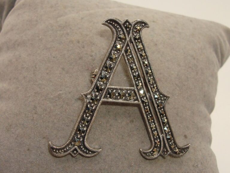 Vintage Sterling Silver & Marcasite 'A' Brooch Pin