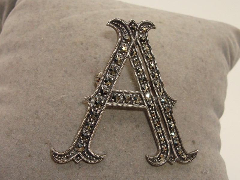 Vintage Sterling Silver & Marcasite 'A' Brooch Pin