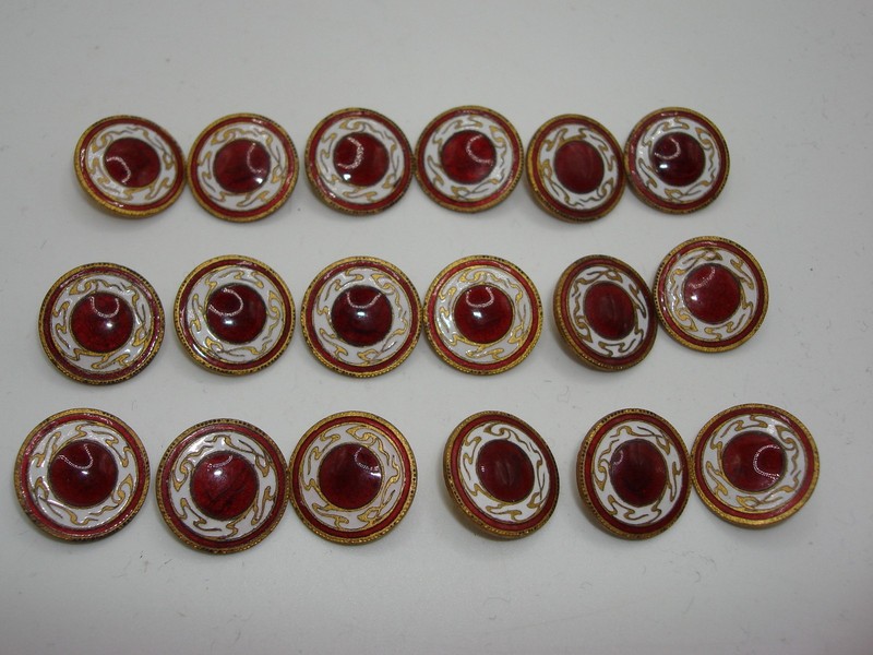 18 antique red and white cloisonné enamel buttons, estate find