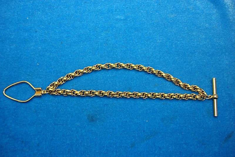 Vintage gold plated pocket watch chain with unique T-bar and loop design