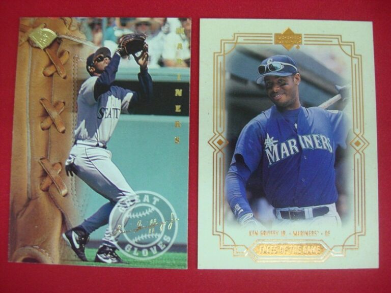 Vintage Ken Griffey Jr. baseball card lot, including a 1995 Leaf Great Gloves and a 1999 Upper Deck Faces card.