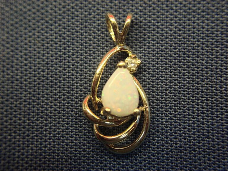 14K gold opal and diamond pendant, petite pear shape