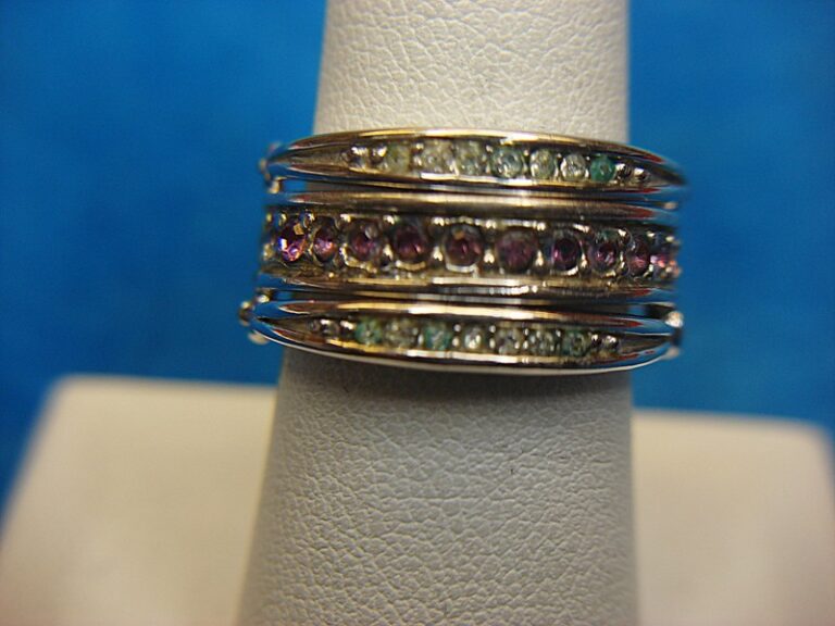 Reversible silver tone ring with multicolor stones, size 7.5