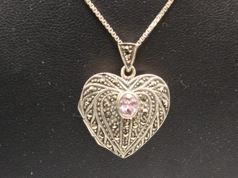 Sterling silver marcasite heart locket necklace with pink gemstone