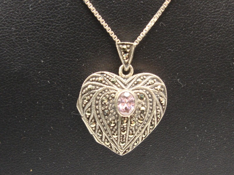 Sterling silver marcasite heart locket necklace with pink gemstone