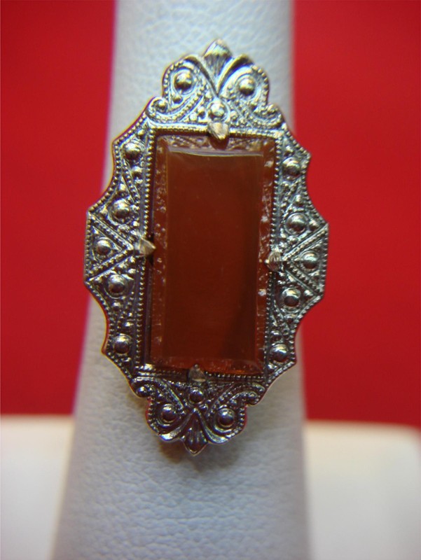 Vintage silver tone ring with faux carnelian, size 5 1/2