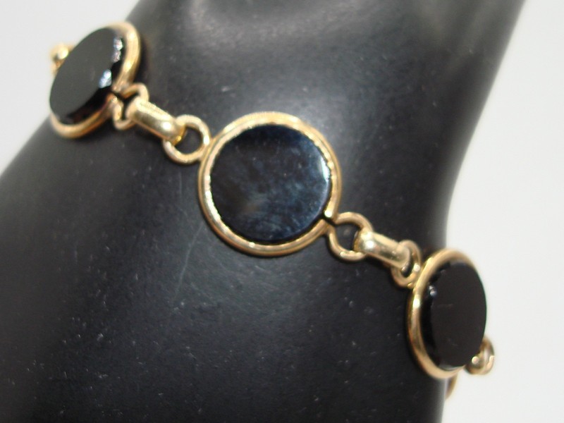 Vintage 12K gold filled fleur-de-lis onyx disc bracelet