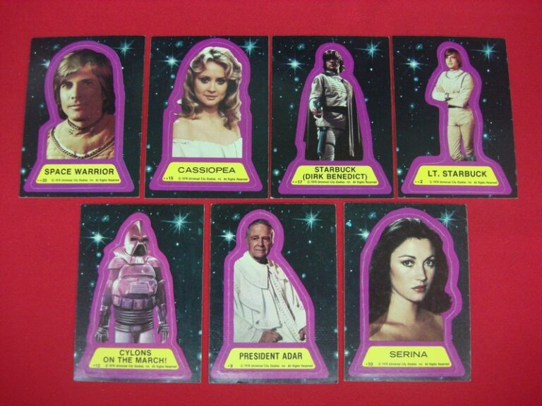Vintage 1978 Topps Battlestar Galactica trading card stickers (lot of 8) in great condition.