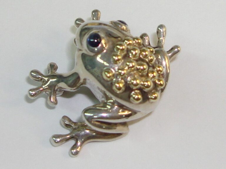 Vintage Tiffany & Co. Sterling Silver Frog Pin with Sapphire Eyes and 18K Gold Accents