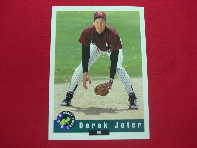 Derek Jeter rookie card from the 1992 Classic Draft Picks set, featuring his high school days at Kalamazoo Central High School.