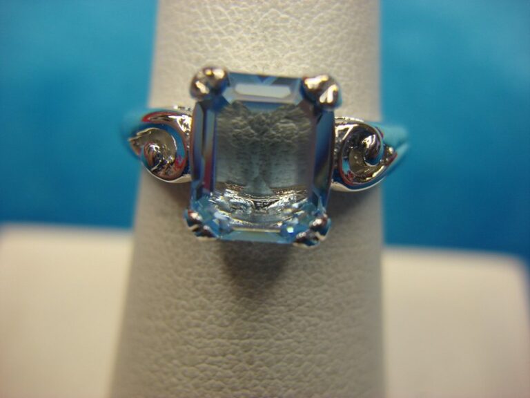 Avon silver-tone ring with emerald-cut blue stone, size 6.5