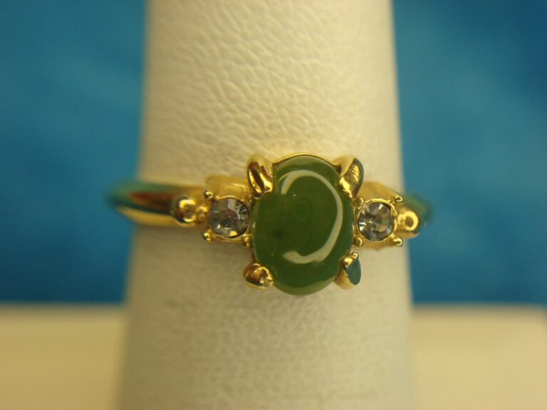 Avon gold-tone ring with faux jade and rhinestones, size 7 1/2