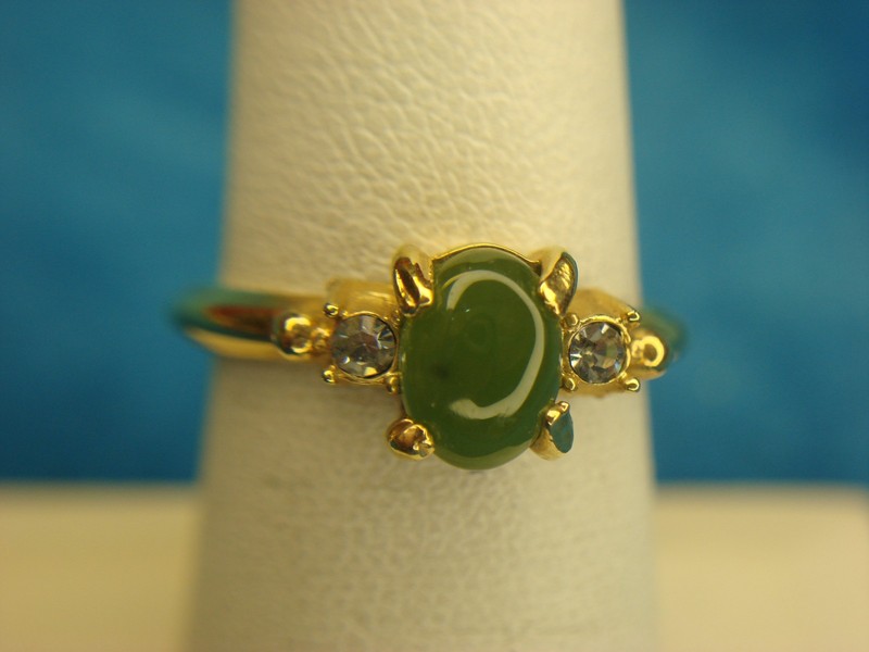 Avon gold-tone ring with faux jade and rhinestones, size 7 1/2