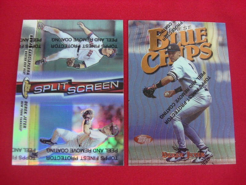 Derek Jeter Topps Finest baseball cards, 1997 Blue Chips #15 and 1999 Split Screen Refractor