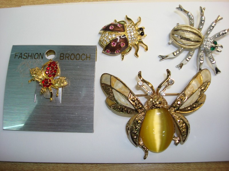 Set of four vintage enamel bug pins, unique insect designs, excellent condition