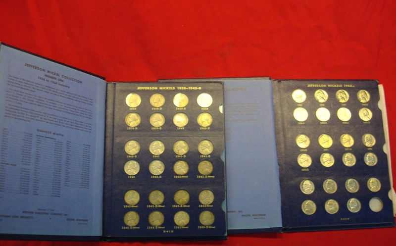 Complete circulated Jefferson nickel set from 1938-1975, featuring coins from Philadelphia (P), Denver (D), and San Francisco (S) mints.