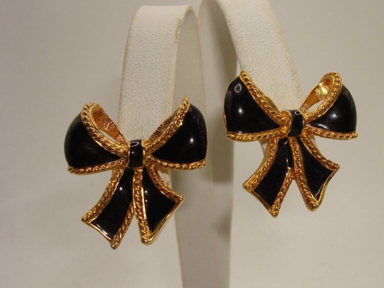Vintage Kenneth J. Lane for Avon enamel bow earrings, black and gold-tone