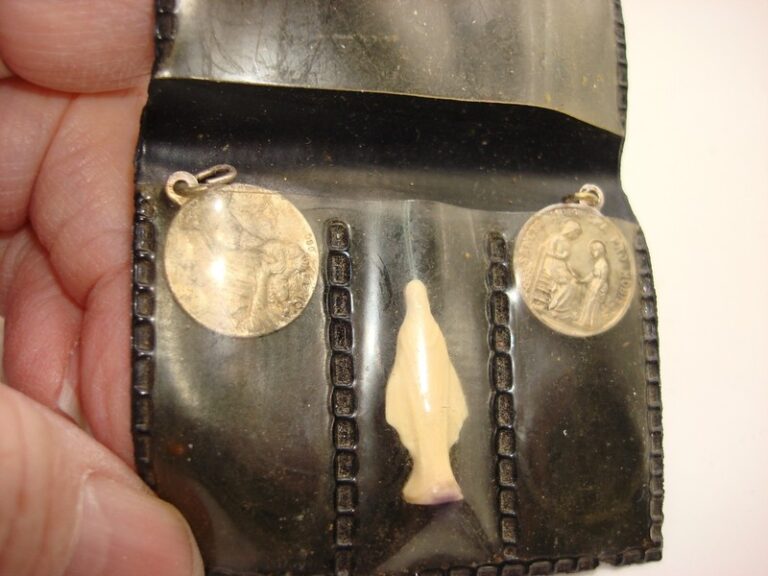 Antique French travel set with silver-tone medals of St. Benedict, Guardian Angel, and Virgin Mary