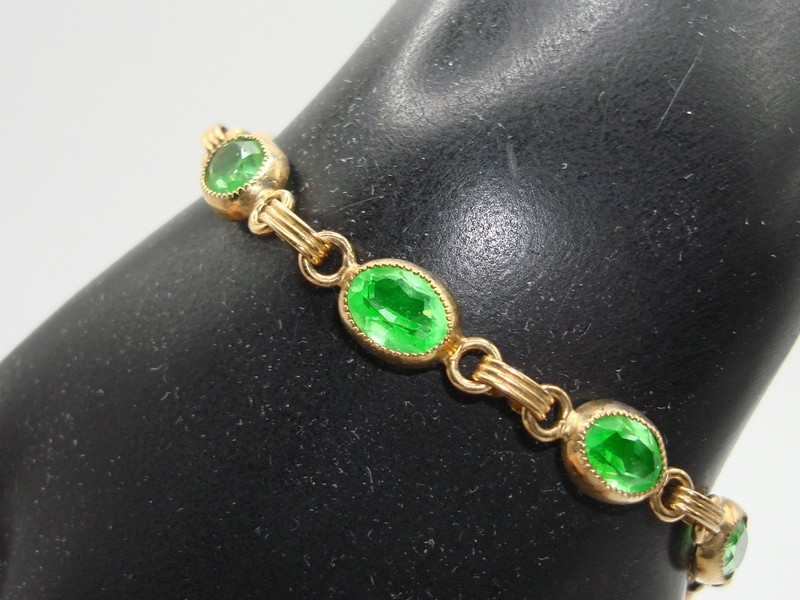 Vintage Gold Filled Bezel Set Faux Peridot Bracelet - 7 Inches