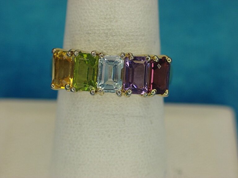 Gold vermeil sterling silver ring with multicolor stones, size 8