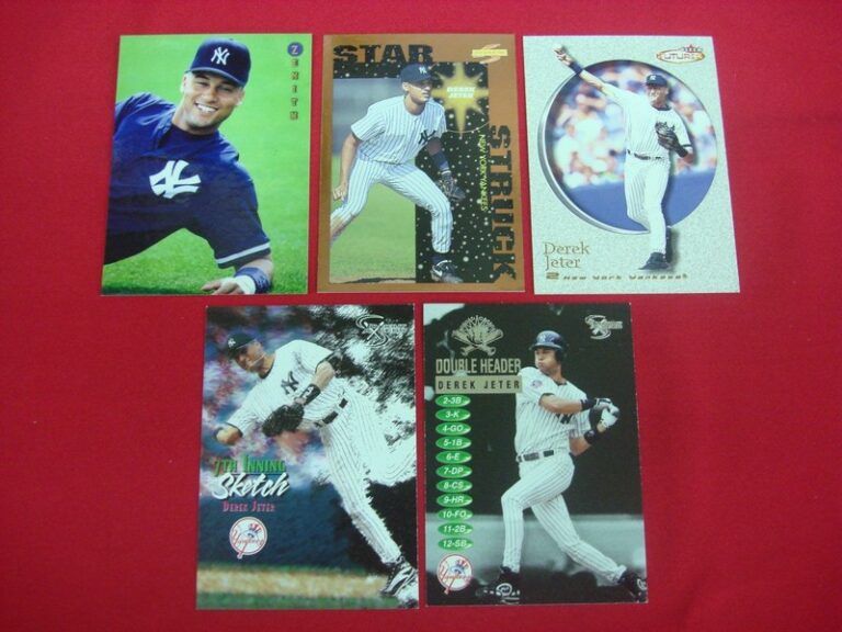 Derek Jeter baseball card lot of 5 featuring iconic rookie cards and more.