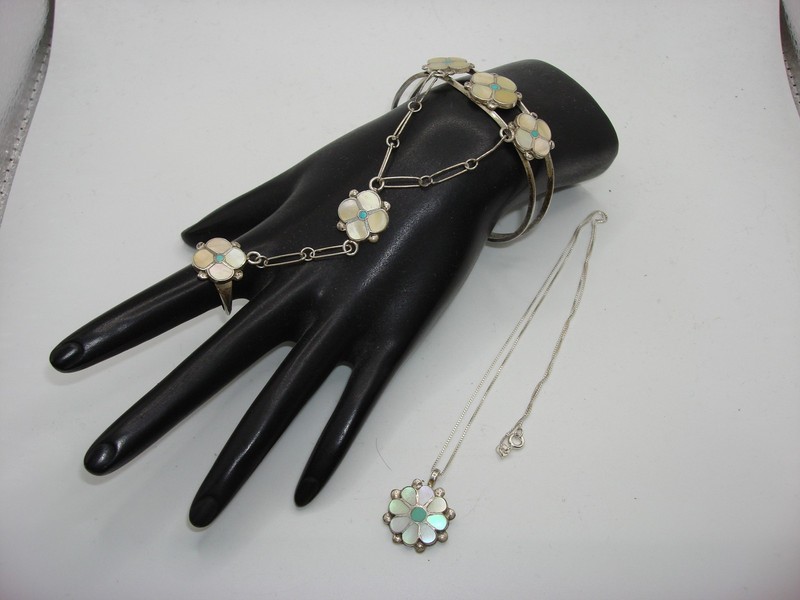 Vintage Zuni Sterling Silver MOP & Turquoise Cuff Bracelet Set with Ring & Necklace