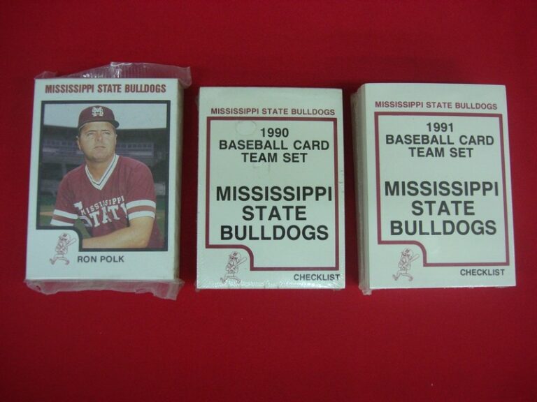 Vintage factory sealed Mississippi State Bulldogs baseball card sets from 1988, 1990, and 1991 featuring Will Clark and Rafael Palmeiro.