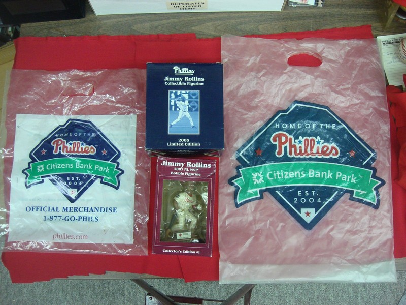 Limited edition lot of two Jimmy Rollins Phillies bobbleheads, one from 2005 and one from 2007. Includes two bags.