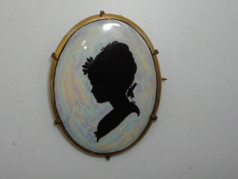 Vintage Victorian iridescent silhouette brooch with hand-painted lady design