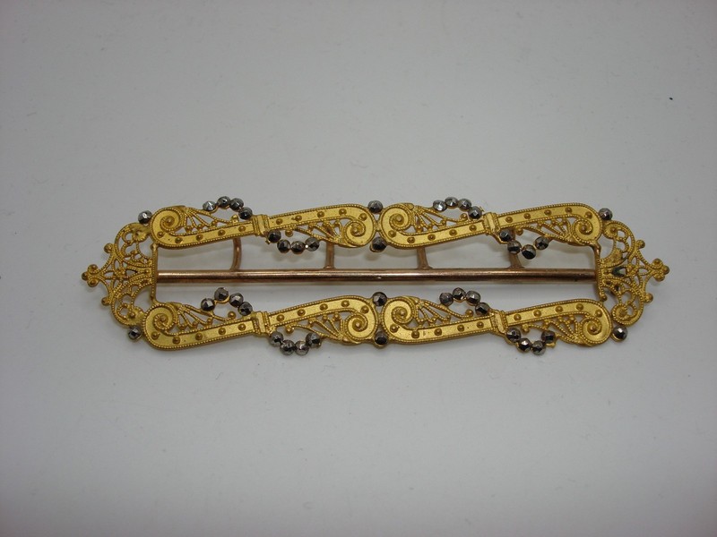 Antique 19th Century Gold-Washed Brass Buckle with Marcasites