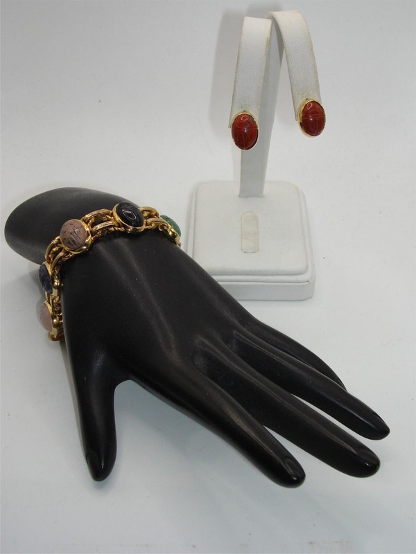 Vintage gold tone scarab bracelet and earrings set