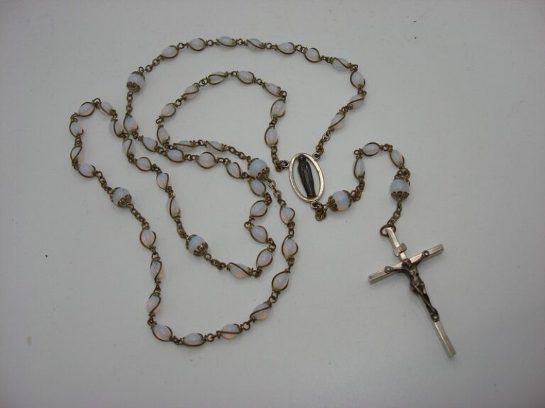 Vintage silver-tone opal glass bead rosary with Holy Mother medal and crucifix