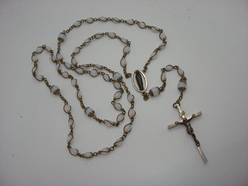 Vintage silver-tone opal glass bead rosary with Holy Mother medal and crucifix