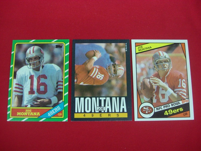 Vintage Joe Montana Topps football cards (1984, 1985, 1986) San Francisco 49ers