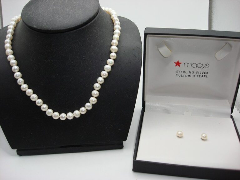 Vintage Macy's Sterling Silver Cultured Pearl Necklace & Earrings Set - New in Box