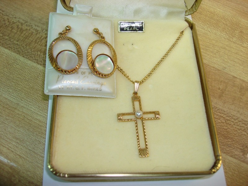Vintage Rodell Gold-Filled Pearl Cross Necklace & Earrings Set - New In Box!