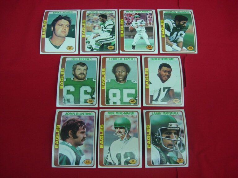 Vintage 1978 Topps Philadelphia Eagles football cards featuring Ron Jaworski (Jaws), Harold Carmichael, and Bill Bergey.