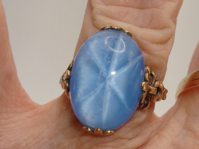 Vintage Clark & Coombs gold filled art glass ring with blue stone, size 7 1/4