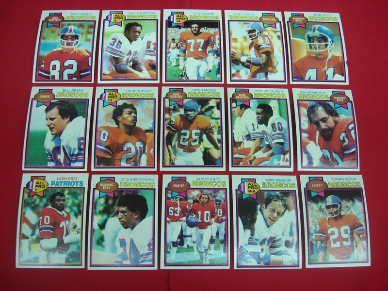 Vintage 1979 Topps Denver Broncos football card lot featuring Lyle Alzado and other players