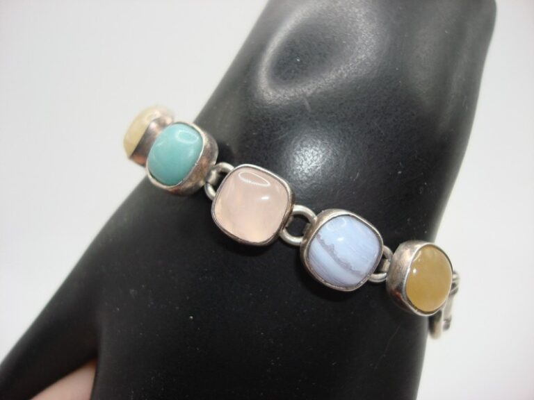 Vintage sterling silver gemstone bracelet with chalcedony, agate, and moonstone