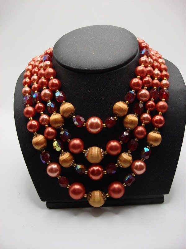 Vintage 1960s Japanese multi-strand bead necklace with orange and red beads