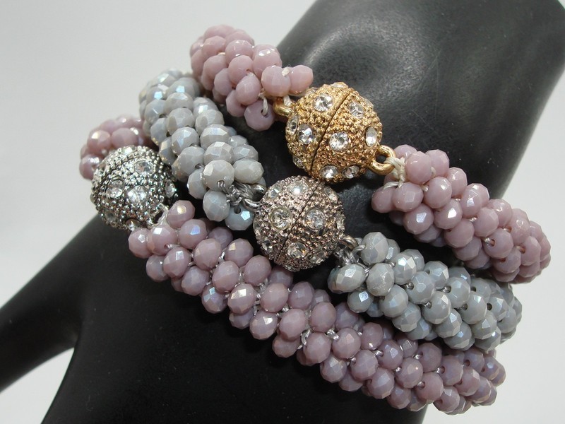 Set of 3 Lavender & Gray Bracelets - Rhinestone Magnetic Clasps - Vintage Jewelry