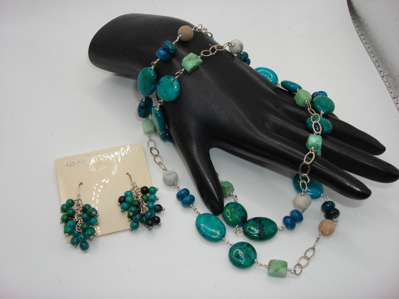 Vintage Sterling Silver Blue & Green Bead Necklace and Earrings Set