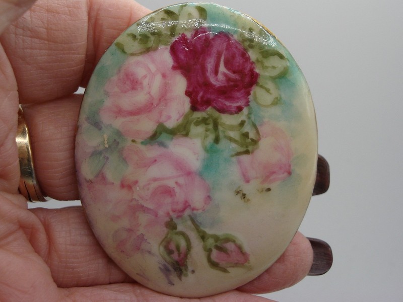 Vintage signed Lora Arnold hand-painted porcelain rose pin (1940s-50s)