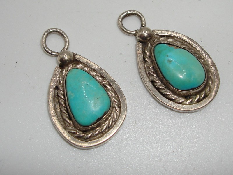 Pair of vintage Navajo sterling silver turquoise teardrop charms