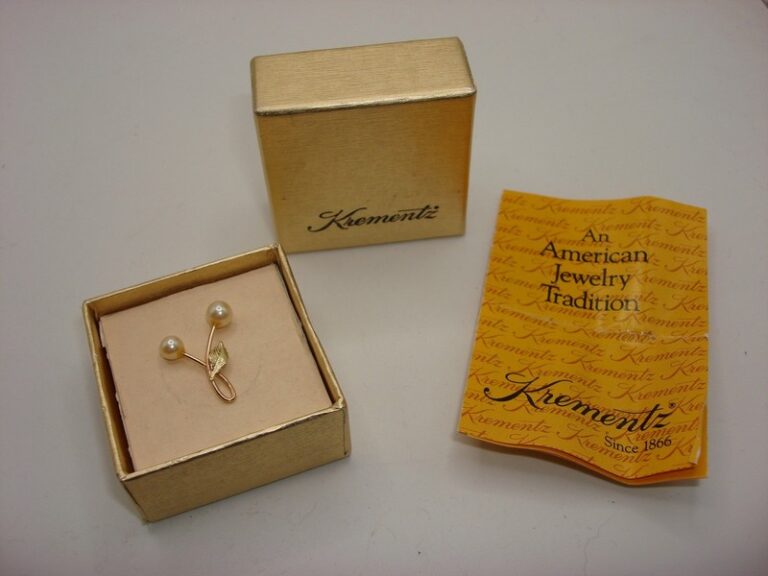 Vintage Krementz gold tone faux pearl pin in original box with pamphlet