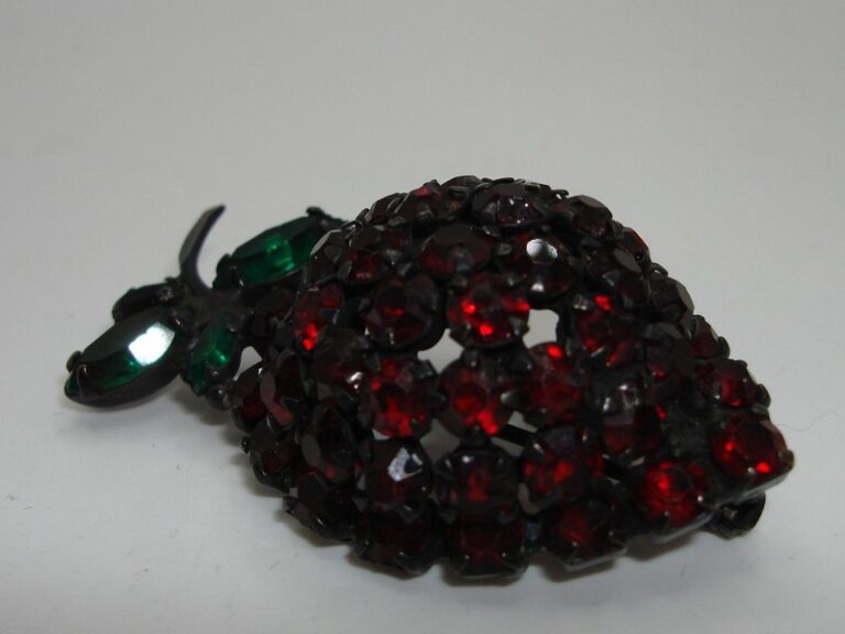 Vintage Joseph Warner rhinestone berry brooch with red and green gemstones