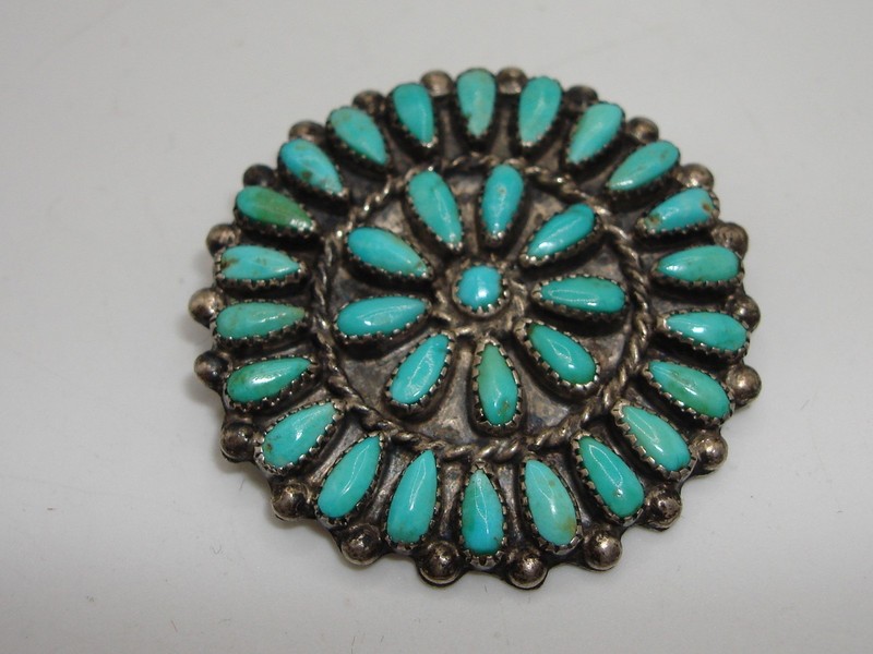 Vintage Zuni Turquoise Sterling Silver Brooch
